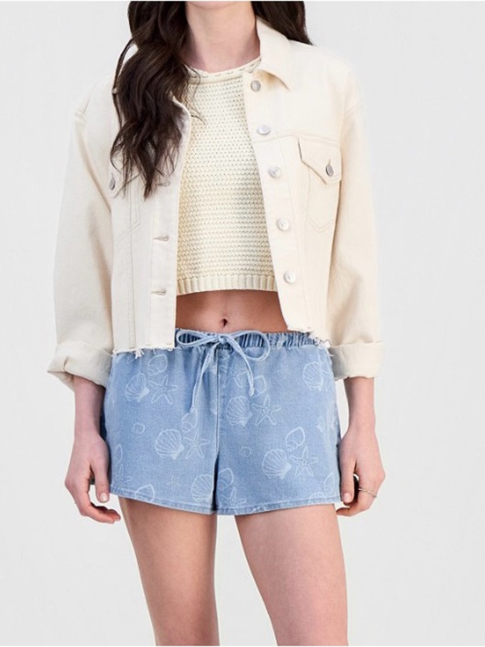 Light Blue Shell Print Drawstring Women's Shorts - Picture 2 of 4